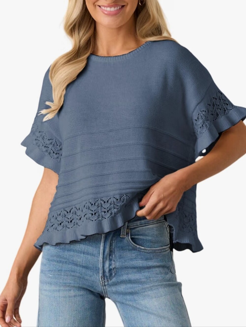 Women's Blue Boho Top, short sleeves and so cute & comfy! Size S/M